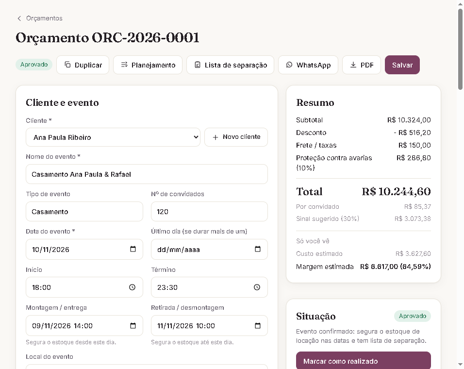 Tela de orçamento do Evento em Dia com resumo, total, margem estimada e botões de PDF e WhatsApp